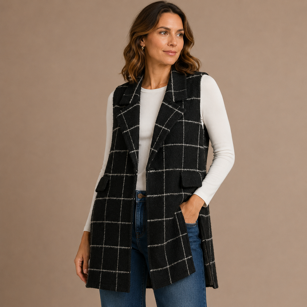 Anthropologie Vest Womens One Size Black White Windowpane Longline Sleeveless